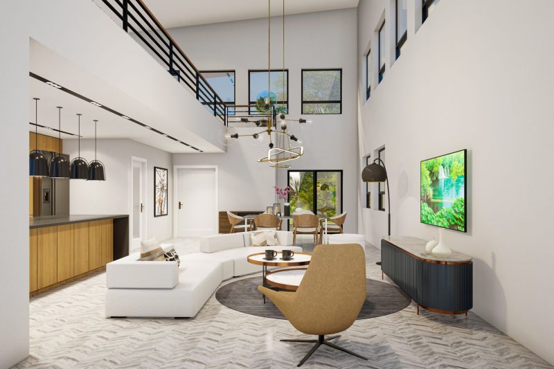 Elegant modern living room featuring sleek furniture with minimalist decor and neutral color palette.