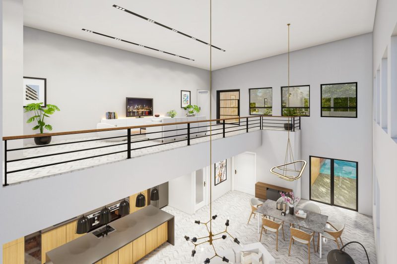 Spacious modern interior featuring minimalist decor and an open balcony with a scenic view.