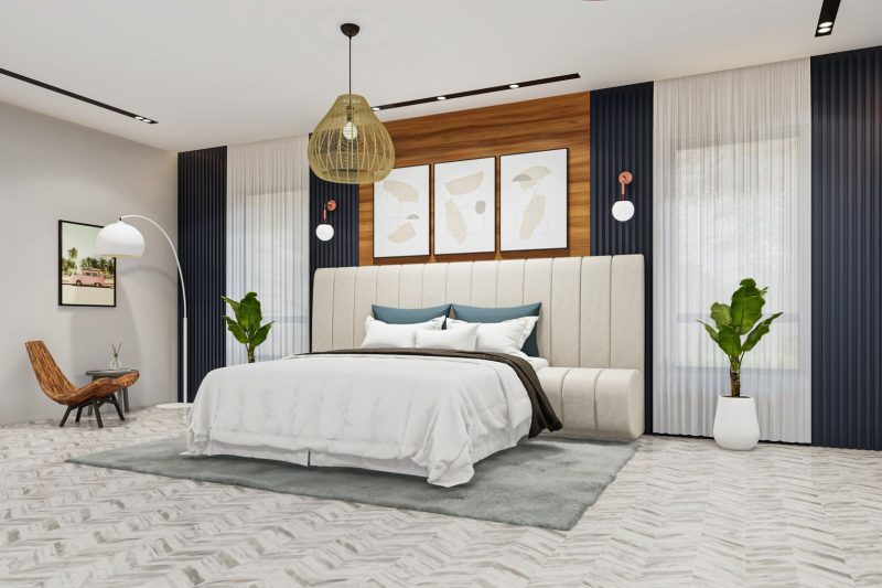 Contemporary bedroom featuring sleek decor, a large window, and abundant natural light.